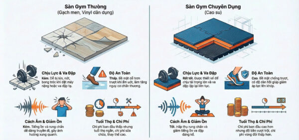 So sánh sàn gym chuyên dụng và sàn gym thường